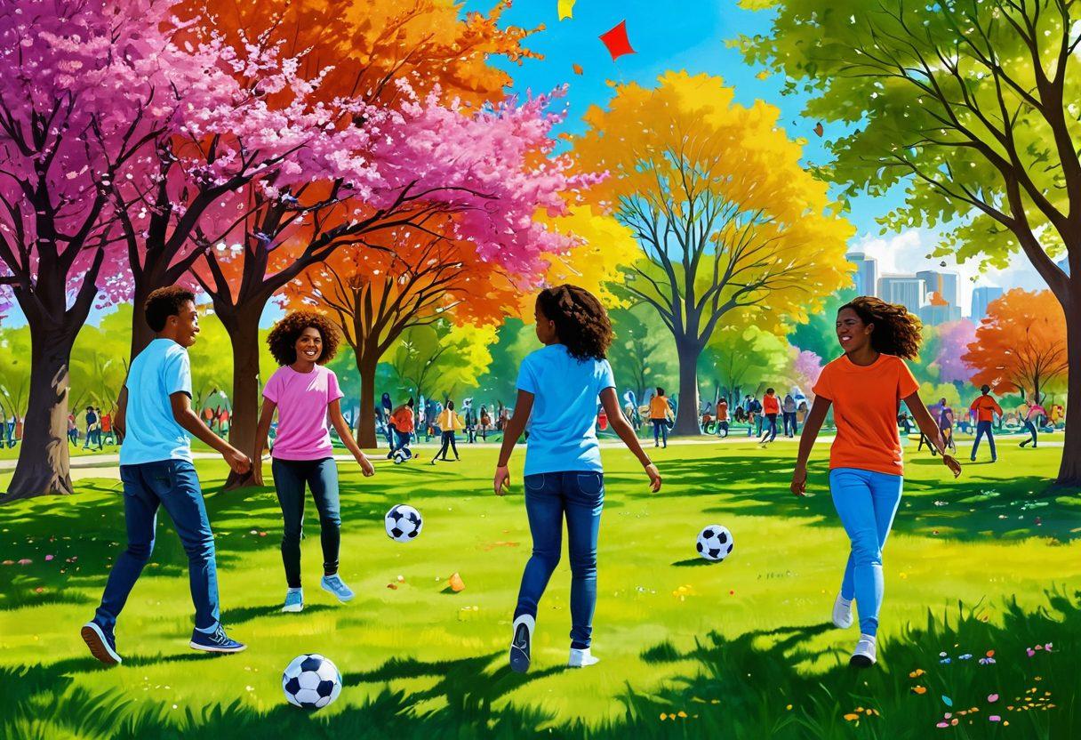 A vibrant park scene showcasing a diverse group of teenagers engaging in various recreational activities like playing soccer, painting, and laughing together. Bright colors and smiles depict joy and friendship, with blossoming trees and a sunny sky in the background. Include elements like picnic blankets and colorful kites flying, symbolizing community and fellowship. The image should evoke a sense of warmth and inclusivity. super-realistic. vibrant colors. 3D.