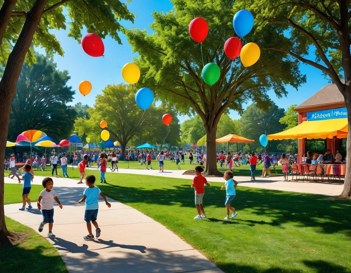 A vibrant community park scene filled with diverse individuals of all ages engaged in various recreational activities like playing sports, dancing, and picnicking. Colorful banners and balloons enhance the cheerful atmosphere, while trees provide shade, and children play on a playground in the background. Include smiles and laughter to capture the essence of community spirit. super-realistic. vibrant colors. sunny day.