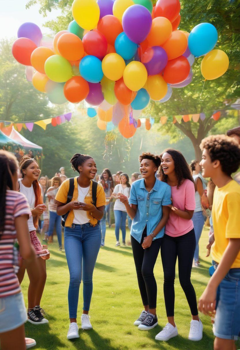 A vibrant scene of diverse teenagers laughing and engaging in various social activities at a lively outdoor gathering, complete with colorful decorations, food stalls, and interactive games. Show unique expressions of joy and collaboration, with a backdrop of trees and balloons. Emphasize the sense of community and connection among the teens, creating an atmosphere of fun and fulfillment. vibrant colors. 3D.